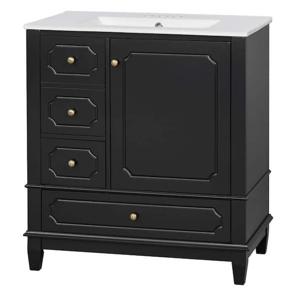 30 in. Single Sink Solid Wood Frame Freestanding Black Bath Vanity with White Ceramic Top, Unassembled, Soft Close