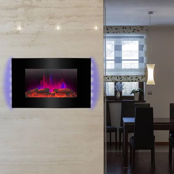 AKDY 36 in. Wall Mount Electric Fireplace Heater in Black with Tempered Glass, Pebbles, Logs and Remote Control