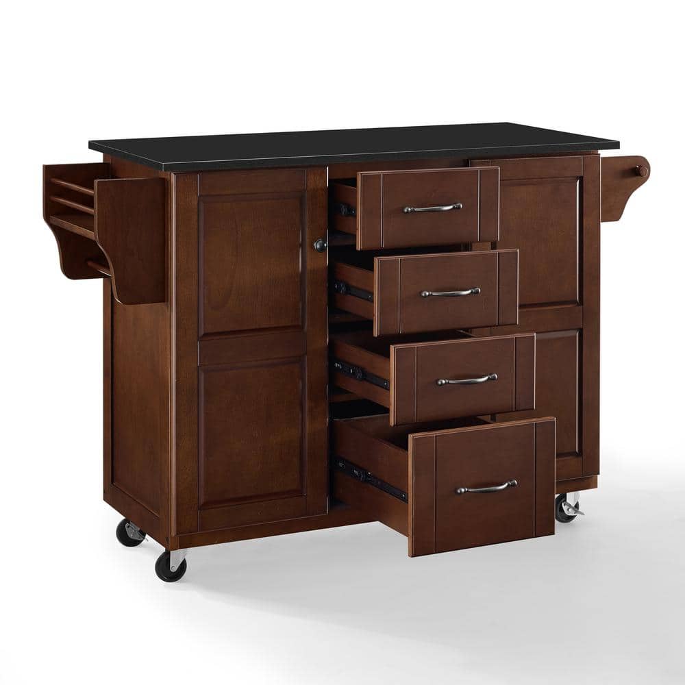 Eleanor Mahogany Kitchen Cart with Black Granite Top and Spice Rack