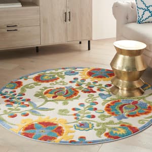Aloha Ivory/Multicolor 5 ft. x 5 ft. Round Floral Contemporary Indoor/Outdoor Patio Area Rug