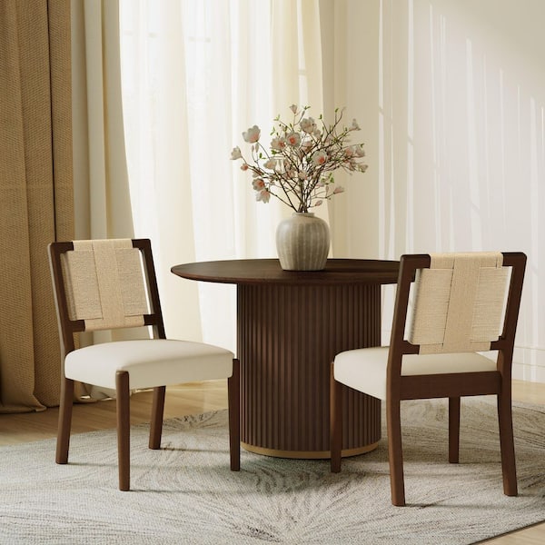 Walnut Finish Solid Wood Dining Chair Side Chairs with Woven Rope Backrest (Set of 2)