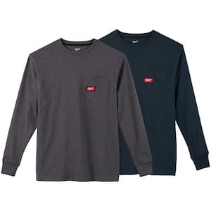 Men's X-Large Gray and Blue Heavy-Duty Cotton/Polyester Long-Sleeve Pocket T-Shirt (2-Pack)