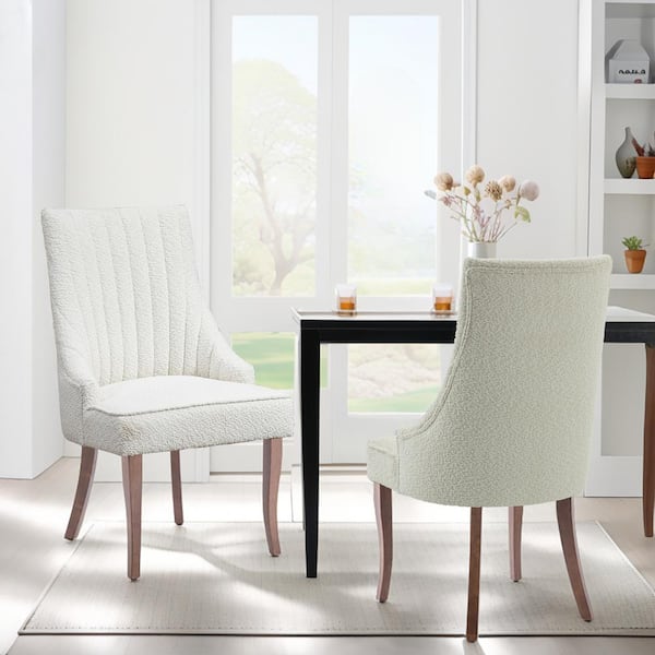 WONDER COMFORT Vintage White Teddy Fabric Channel Tufted Upholstered Dining Chairs Set of 2 with Solid Wood Legs
