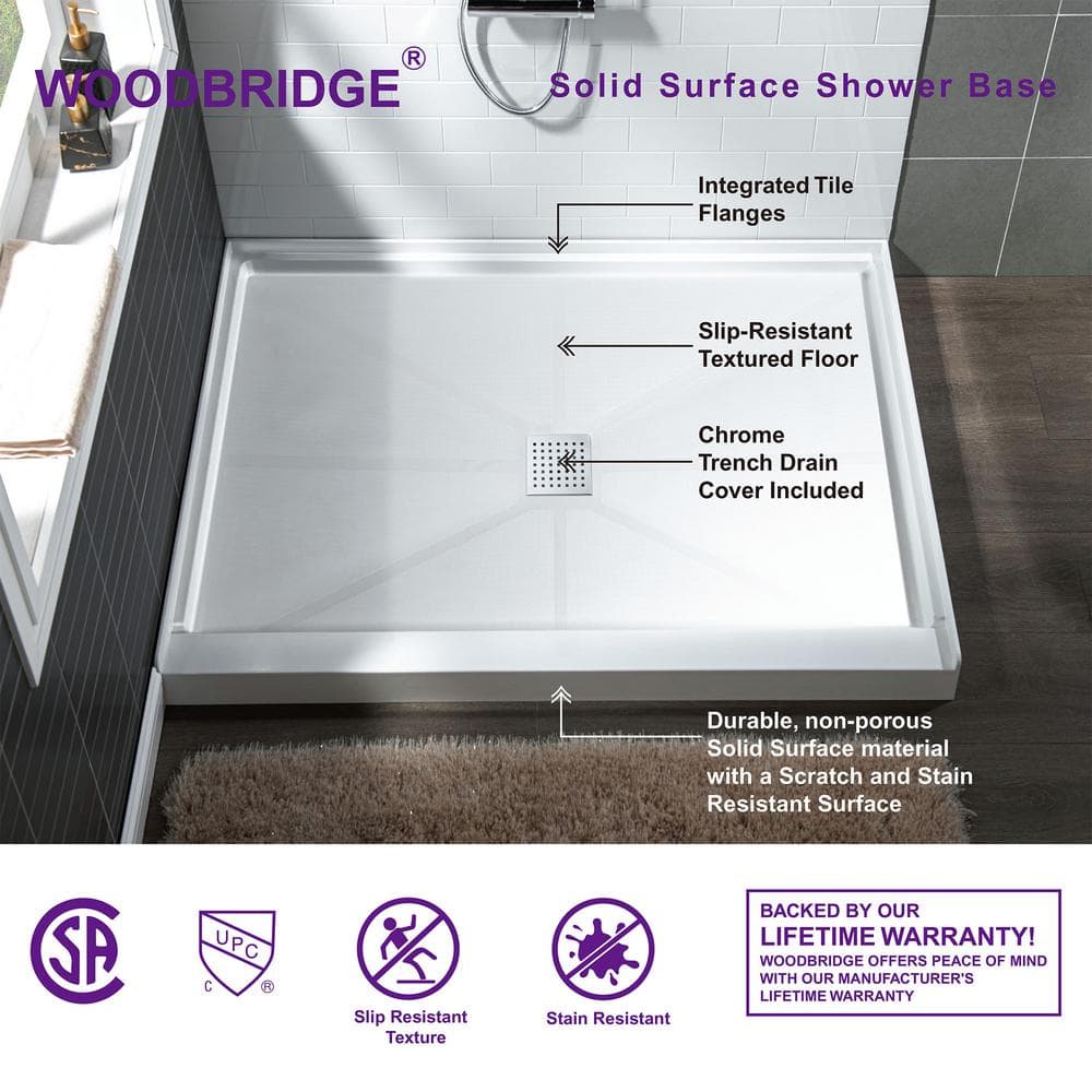 36" White Rectangular Shower Pan Base with Polished Chrome Drain Cover