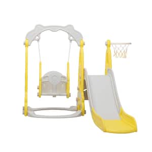 Yellow 3 In 1 Slide and Swing Set with Basketball Hoop