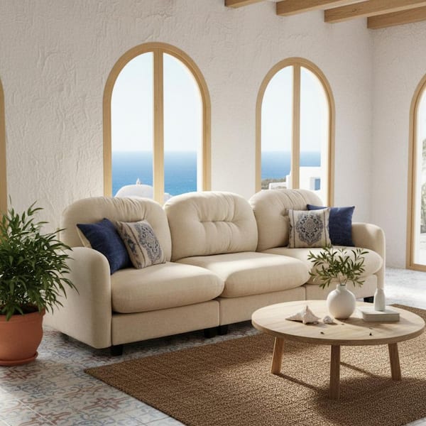 PMOB 107 in. Round Arm 3-piece Chenille Rectangle Tufted Backrest Sectional Sofa in Oatmeal