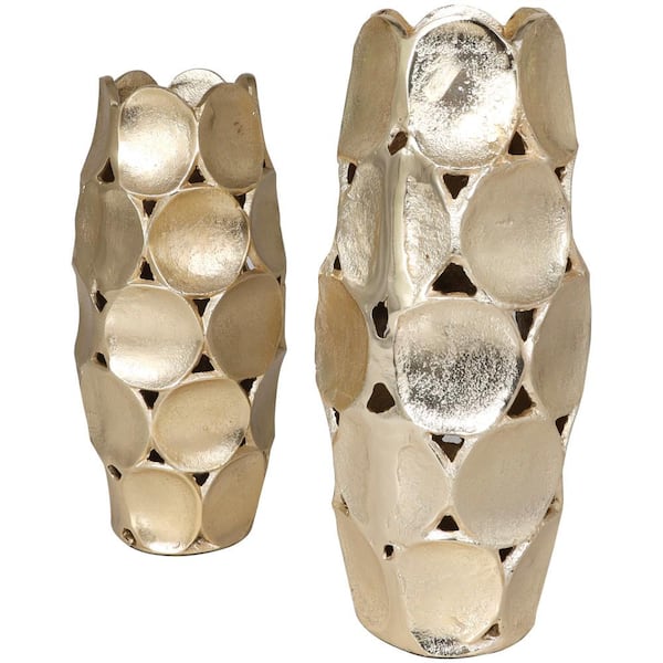 Litton Lane Gold Geometric Open Framed Aluminum Decorative Vase with Circular Plates (Set of 2)