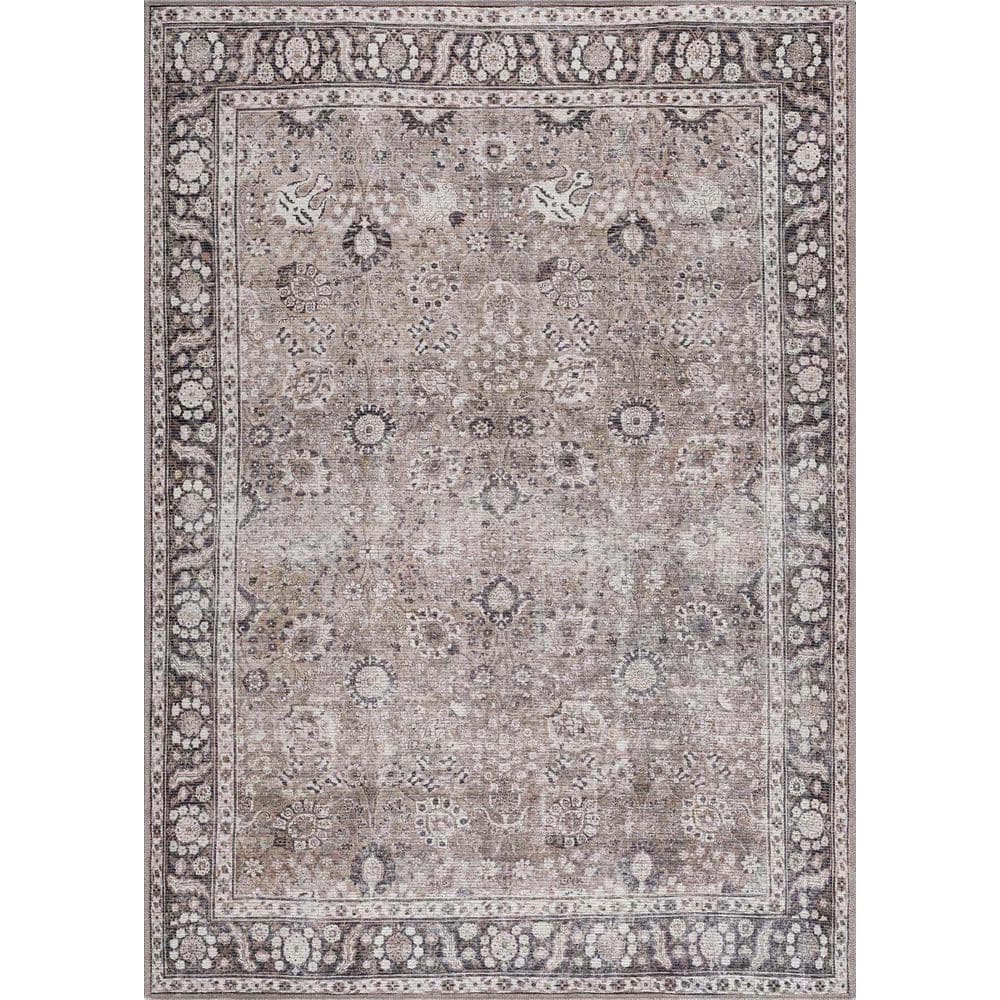 Vintage Distressed Black and Beige Oriental Cotton Chenille Rug 5'3" x 7'3"