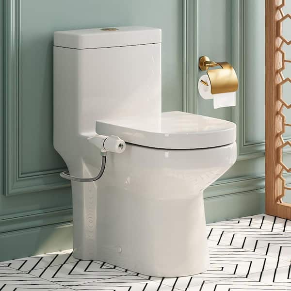 Compact Dual Flush 1.1/1.6 GPF Toilet in White with Sleek Downward Nozzle Bidet Attachment and Easy Control Knob