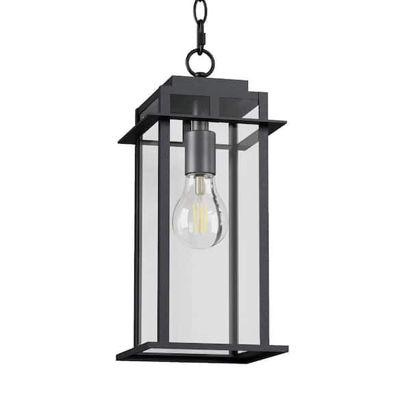 Kiyani 16 in. Black Outdoor Lantern Pendant Light with Glass Shade