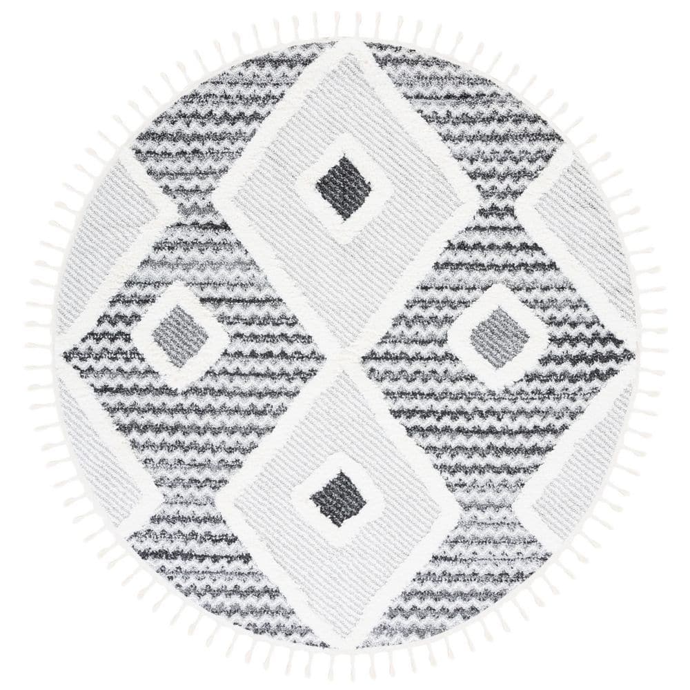Moroccan Tassel Shag 7 ft. x 7 ft. Gray/Ivory Zig-Zag Diamond High-Low Round Area Rug price history on PriceWatchPro