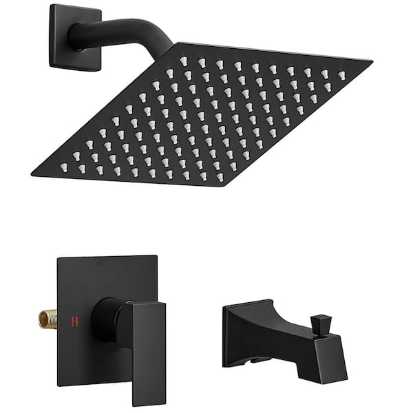 BWE Single-Handle 2-Spray Rainfall Square Shower Faucet 2.5 GPM with High Pressure Tub Spout in Matte Black (Valve Included)