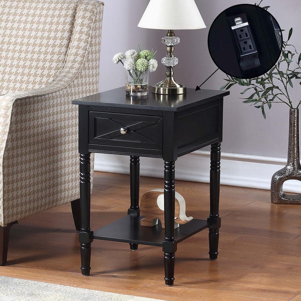 Black Wood End Table with Charging Station and Storage