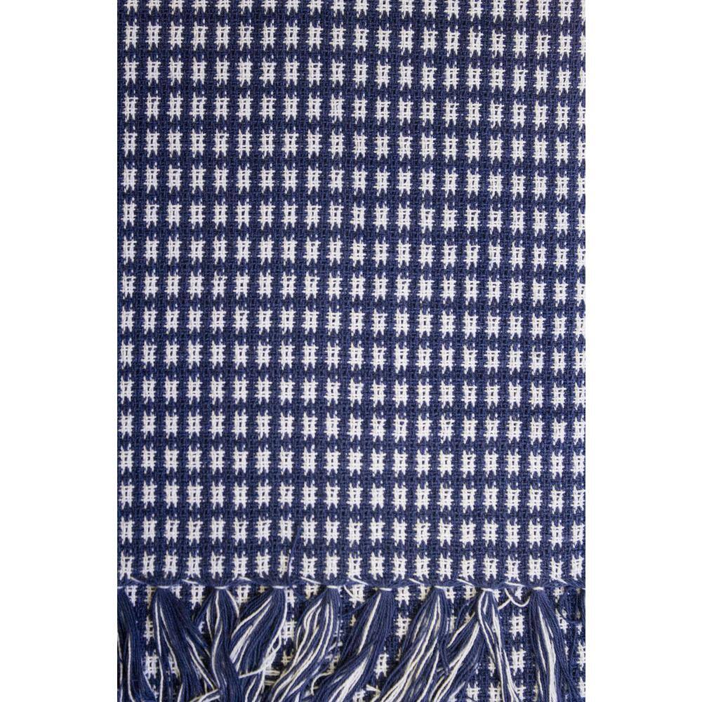 Marine Blue and White Cotton Checkered Fringed Tablecloth 60" x 120"