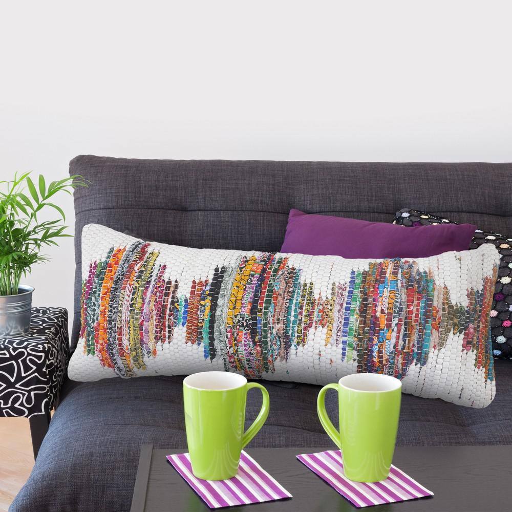 Multicolored Geometric Chindi Cotton Throw Pillow, 14" x 36"