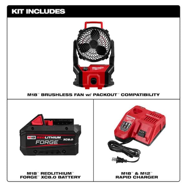 M18 18-Volt Lithium-Ion Brushless Cordless PACKOUT Jobsite Fan w/ 8.0 Ah Battery & Charger