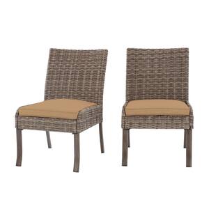 Windsor Brown Wicker Outdoor Patio Stationary Armless Dining Chair with CushionGuard Toffee Tan Cushions (2-Pack)