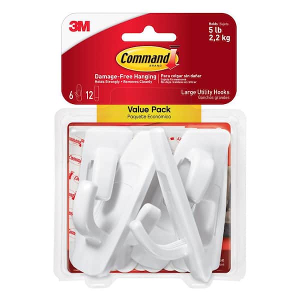 Command Large Utility Hooks, White, Damage Free Hanging, 6 Hooks and 12 Command Strips
