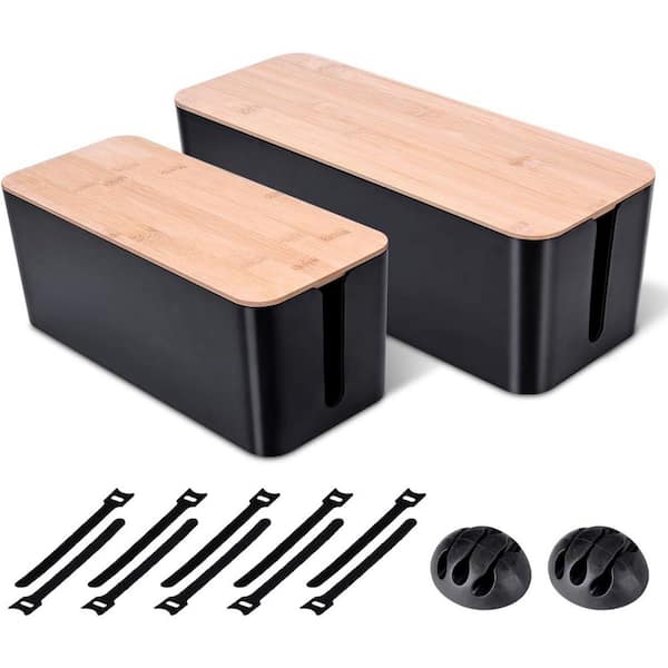 Wooden Style Large and Medium Cable Management Box Set Cord Organizer for TV Computer Router USB Hub Black 2 Pack
