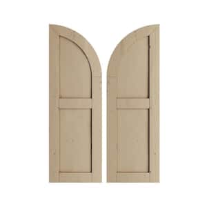 12 in. x 58 in. Polyurethane Knotty Pine Two Equal Flat Panel w/Quarter Round Arch Top Faux Wood Shutters Primed Tan