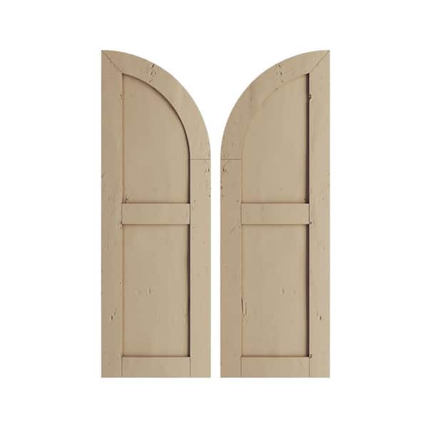 Ekena Millwork 12 in. x 58 in. Polyurethane Knotty Pine Two Equal Flat Panel w/Quarter Round Arch Top Faux Wood Shutters Primed Tan