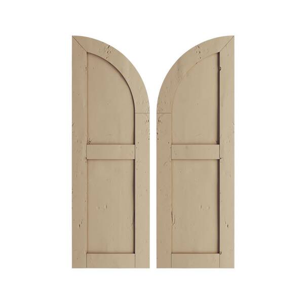 Ekena Millwork 12 in. x 60 in. Polyurethane Knotty Pine Two Equal Flat Panel w/Quarter Round Arch Top Faux Wood Shutters Primed Tan