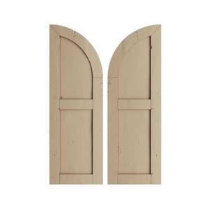 18 in. x 90 in. Polyurethane Knotty Pine Two Equal Flat Panel w/Quarter Round Arch Top Faux Wood Shutters Primed Tan