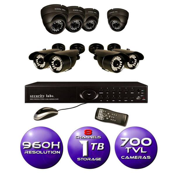 Security Labs 8-Channel 960H Surveillance System with 1TB HDD and (8) 700 TVL Cameras