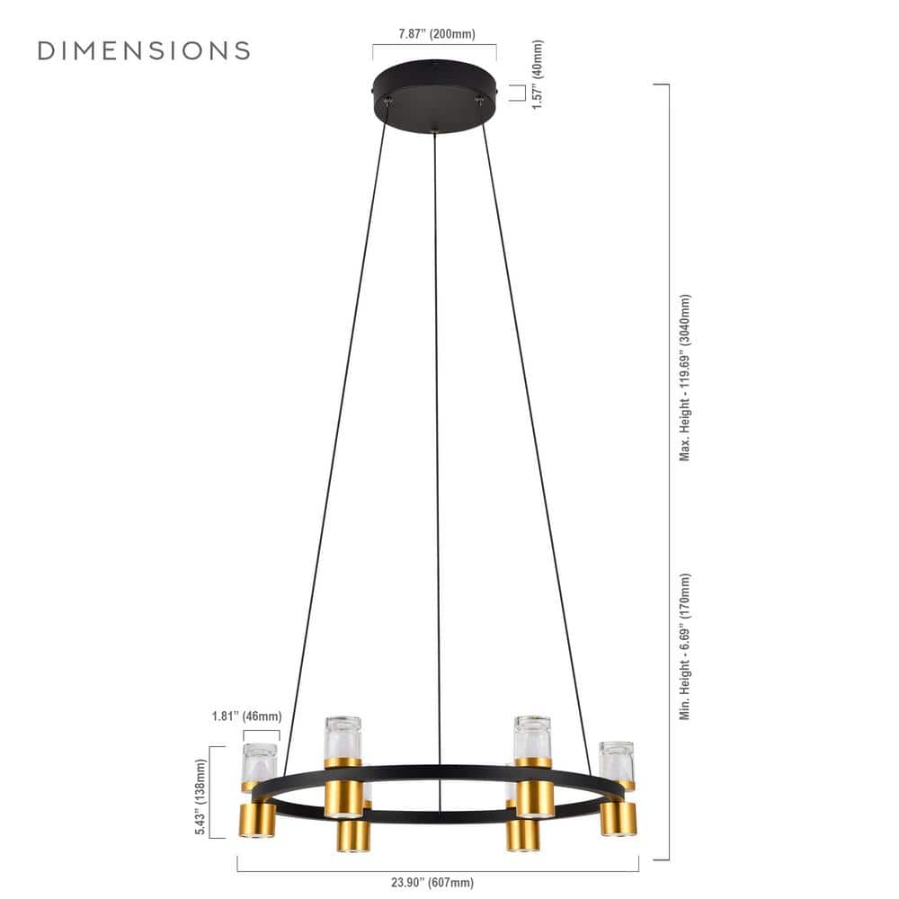 Black and Gold Adjustable LED Ring Chandelier with Crystal Shades