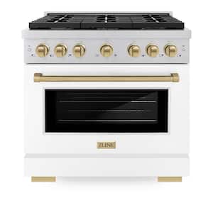 Autograph Edition 36 in. 6-Burner Freestanding Gas Range and Convection Oven in White Matte and Champagne Bronze