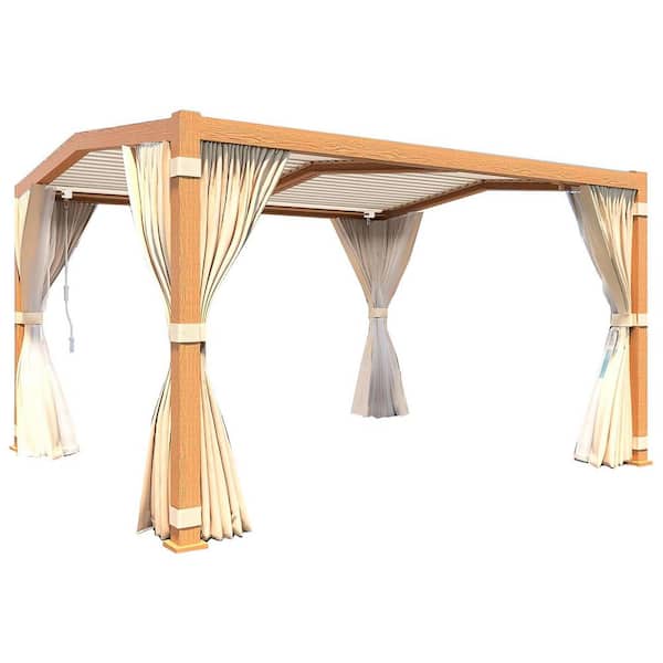 11 ft. x 13 ft. Louvered Pergola with Adjustable Rainproof Roof, Wood Grain Outdoor Aluminum Pergola for Patio