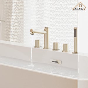 3-Handle Deck-Mount Roman Tub Faucet with Hand Shower and Pop-Up Drain in Spot Resist Brushed Champagne Gold