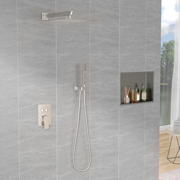 10 in. Wall Mount Rainfall Shower Head and Handheld Shower Combo Set 1.8 GPM 2-Spray in Brushed with Button Switching