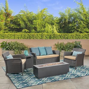 St. Lucia Brown 5-Piece Faux Rattan Outdoor Patio Fire Pit Conversation Set with Tan Cushions