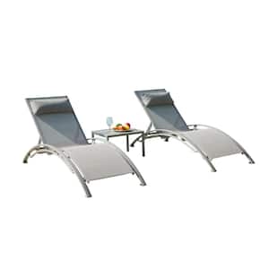 Grey Pool Lounge Chairs Adjustable Aluminum Outdoor Chaise Lounge Chairs w/Metal Side Table 2 Lounge Chairs Plus 1 Table