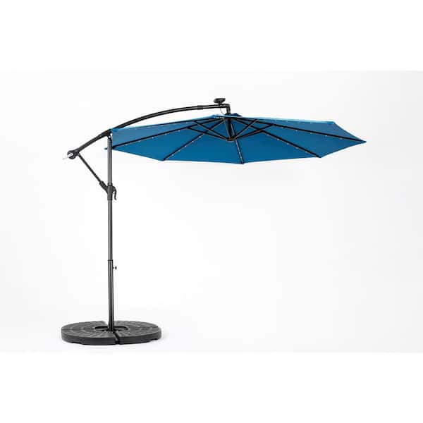 Unbranded 10 ft. Cantilever Offset Solar Powered Patio Umbrella with LED Lights, Tilt Adjustment, 8-Ribs and Stand in Dark Blue