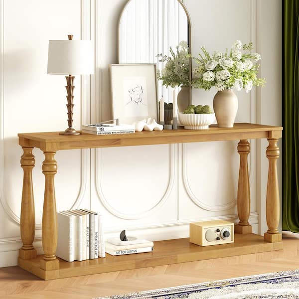 Nestfair 63 in. Natural Rectangle MDF Console Table with Bottom Shelf and Four Vase Legs