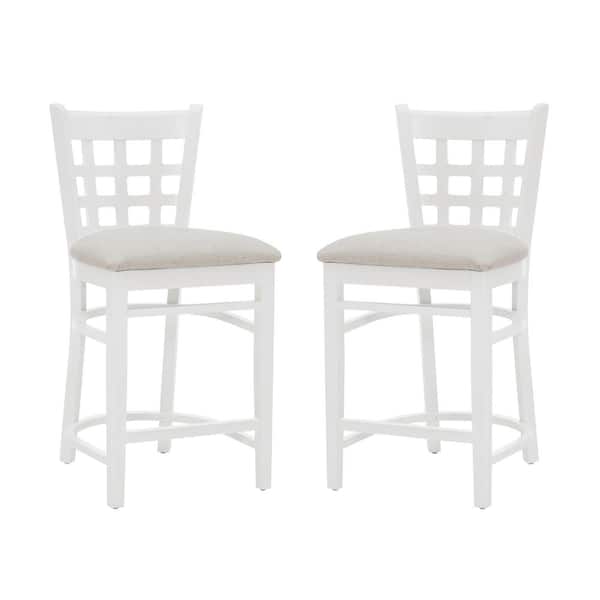 Dixie 37.75 in. H White and Beige Full Back Wood Counter Stool with Fabric Seat (Set of 2)