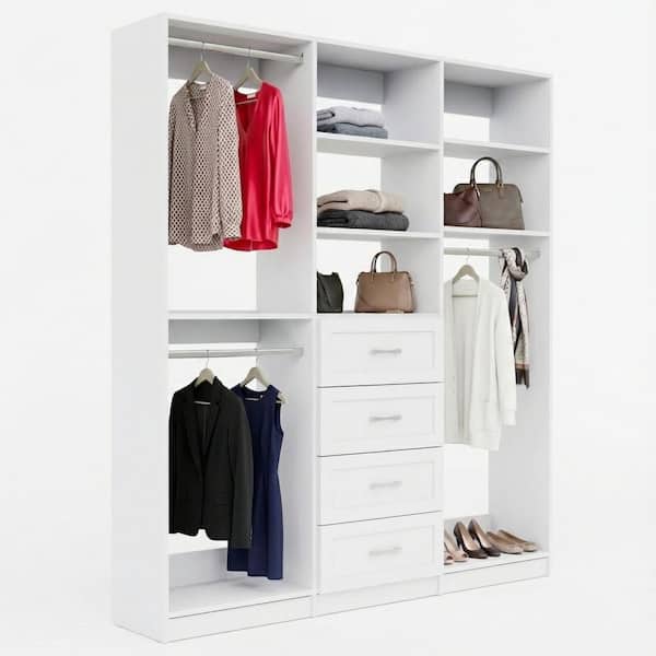 Alto Collection 66 in. W White Wall Mounted Shaker Double Hang, 4-Drawer and Medium Hang Wood Closet System