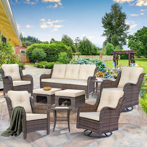 kuurfuurdo Brown 9-Piece Wicker Patio Conversation Set Armrchairs Sofa Swivel Chairs Ottomans and Side Table with Beige Cushions