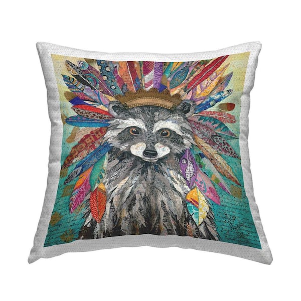 Stupell Industries Raccoon Feathers Collaged Abstract Multi-Color Square Outdoor Throw Pillow
