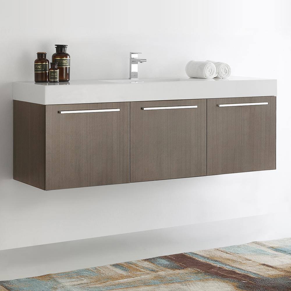 Gray Oak 60" Wall Mounted Single Sink Vanity with Acrylic Top