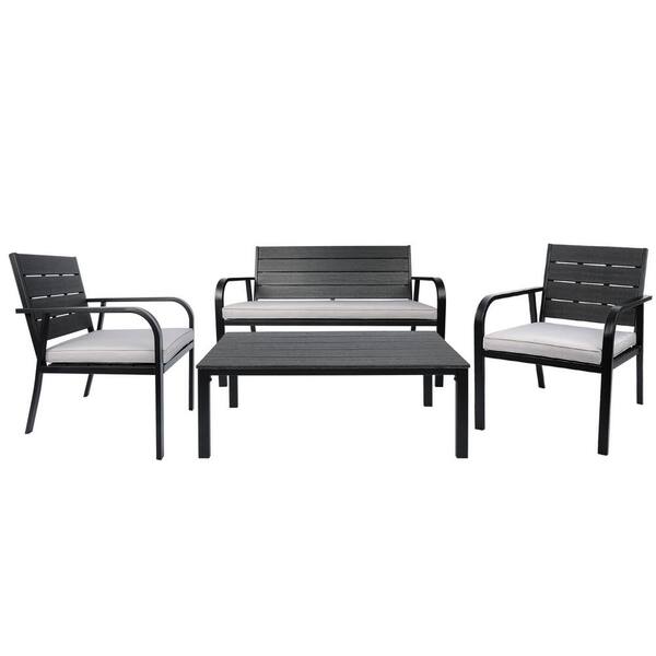 Cisvio 4-Pieces PE Metal Frame Patio Conversation Set Wood Grain Design Loveseat with Light Grey Cushion