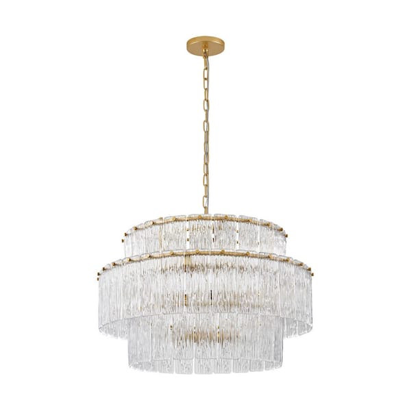 27.5 in. 10-Light Painted Gold Modern 3-Tier Hardwired Chandelier with Textured Glass Panels and Adjustable Chain