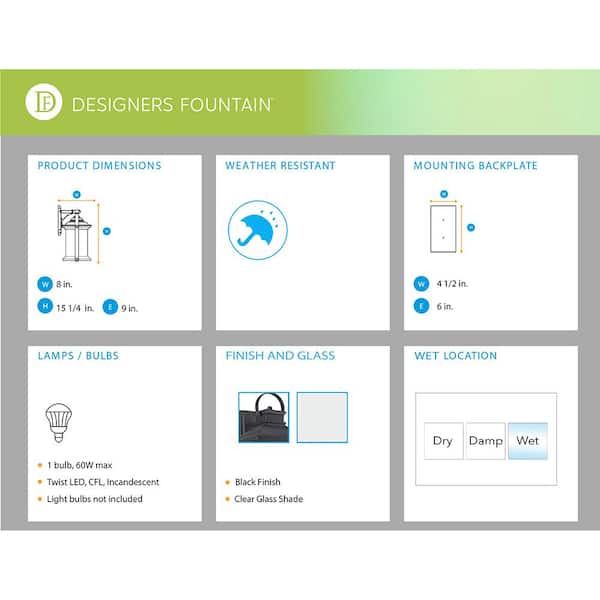 Designers Fountain - Belmont 15.25 in. Black 1-Light Outdoor Line Voltage Wall Sconce with No Bulb Included