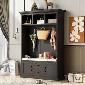 Black 3-in-1 Design Hall Tree with 3 Hooks, 2 Drawers and Cushioned Storage Bench