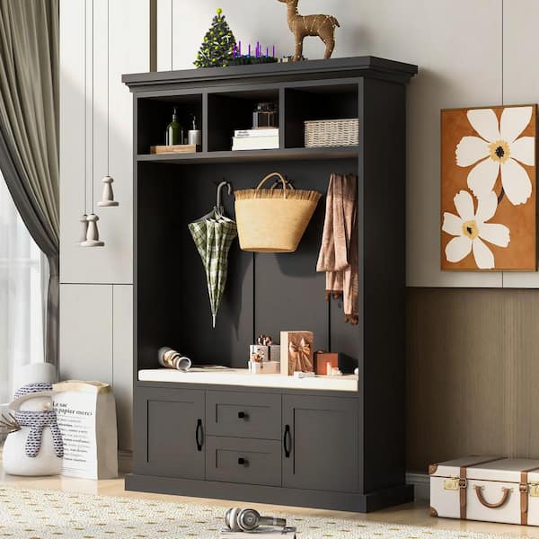 Harper & Bright Designs Black 3-in-1 Design Hall Tree with 3 Hooks, 2 Drawers and Cushioned Storage Bench