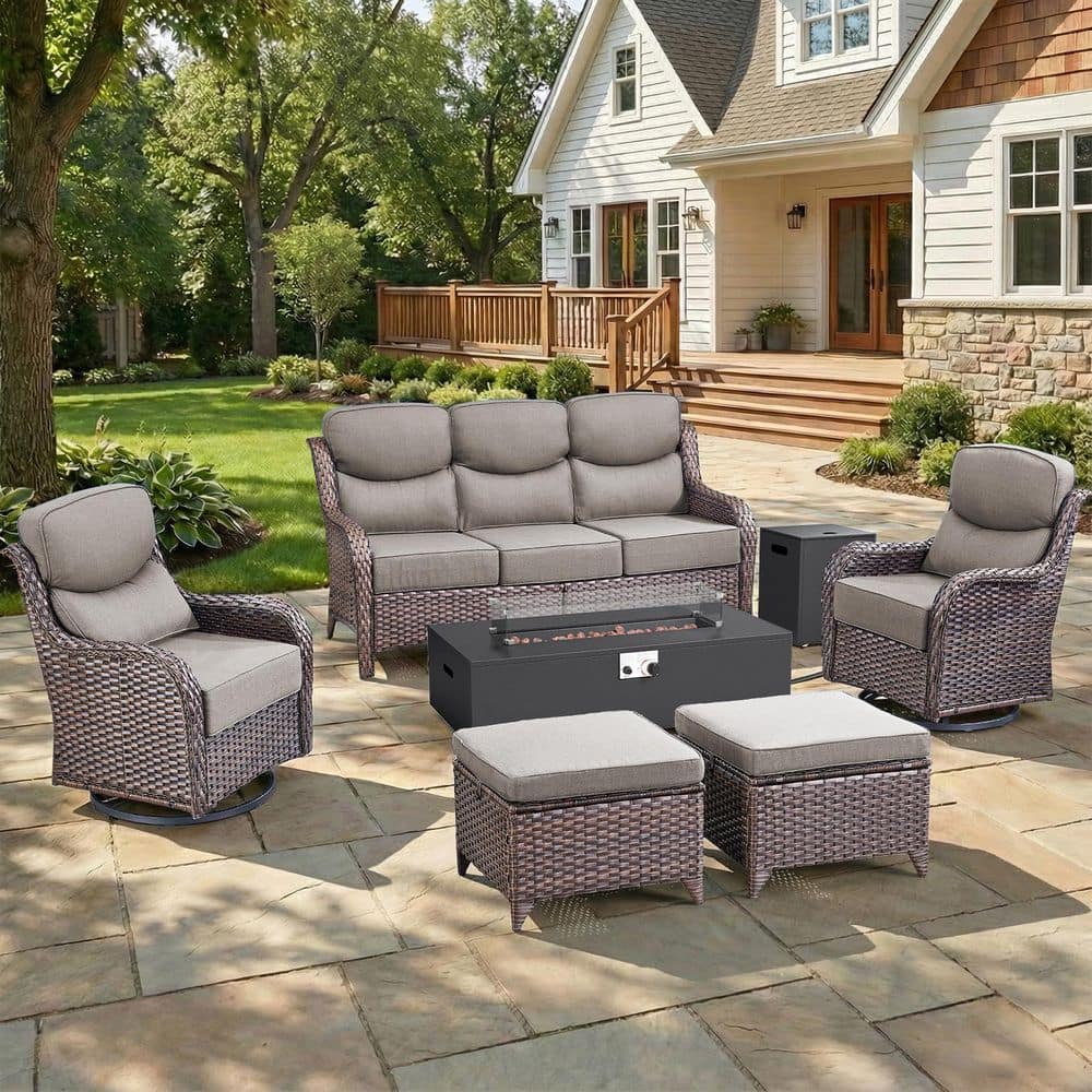 MoonLuxe Brown Wicker Fire Pit Conversation Set with Gray Olefin 6 in. Thick Cushions Patio Swivel Chairs (7-Piece) price history on PriceWatchPro