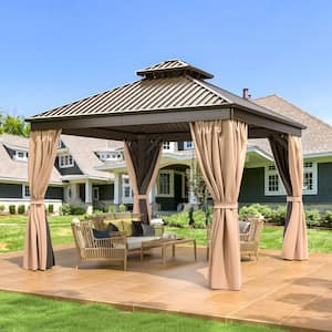 10 ft. x 10 ft. Hardtop Gazebo with Aluminum Frame, Galvanized Steel Double Roof Gazebo with Nettings and Curtains