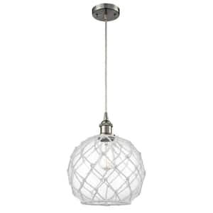 Farmhouse Rope 1-Light Brushed Satin Nickel Globe Pendant Light with Clear Glass with White Rope Glass and Rope Shade